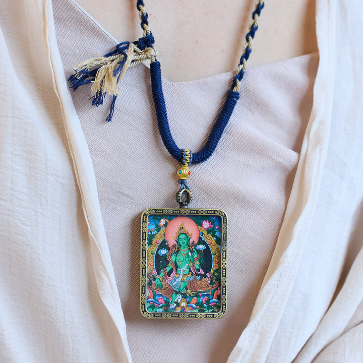 Buddha Stones Tibetan Green Tara Hand-Painted Thangka Buddha Protection Necklace Pendant