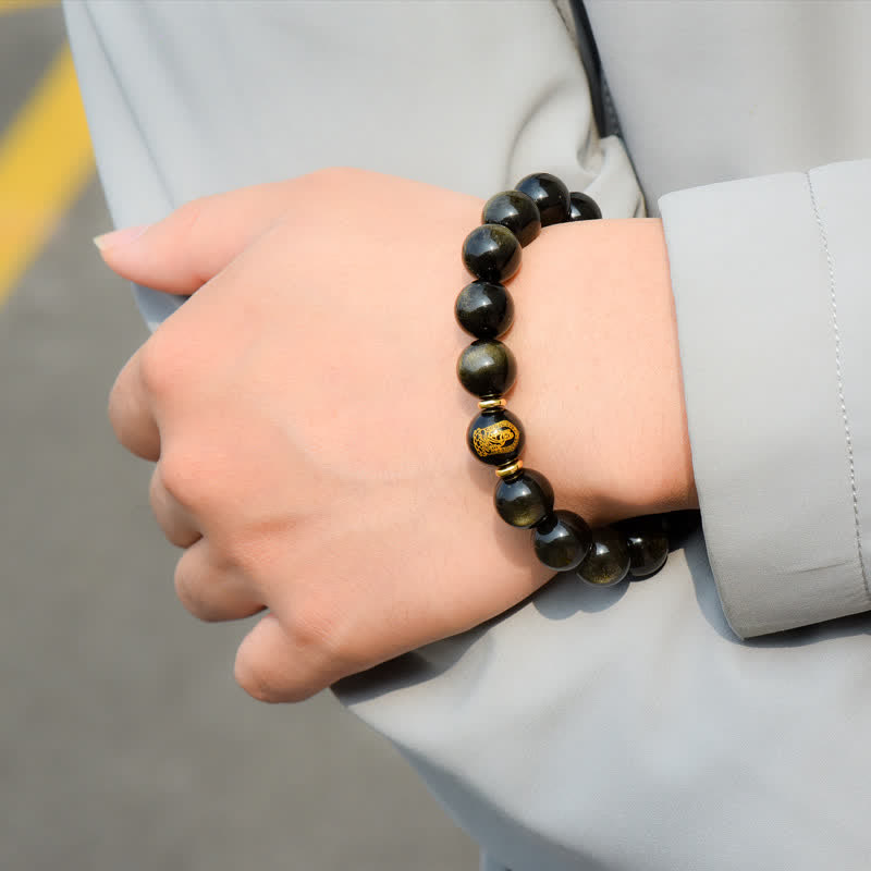 Chinese Zodiac Natal Buddha Gold Sheen Obsidian Wealth Protection Bracelet