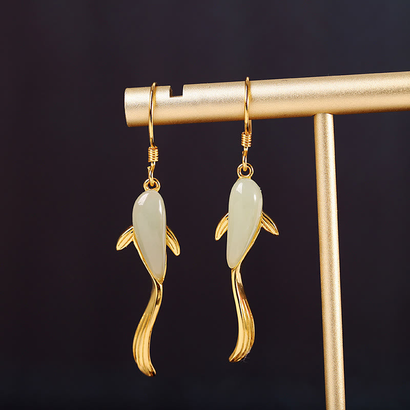 Fish Pattern Jade Luck Dangle Drop Earrings