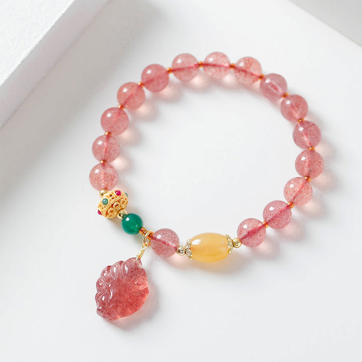 Buddha Stones Natural Strawberry Quartz Nine-Tailed Fox Healing Bracelet