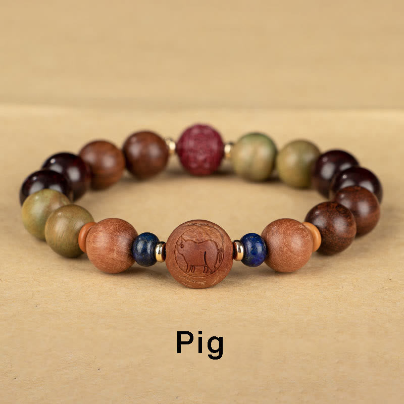 Buddha Stones Chinese Zodiac Natural Green Sandalwood Protection Bracelet