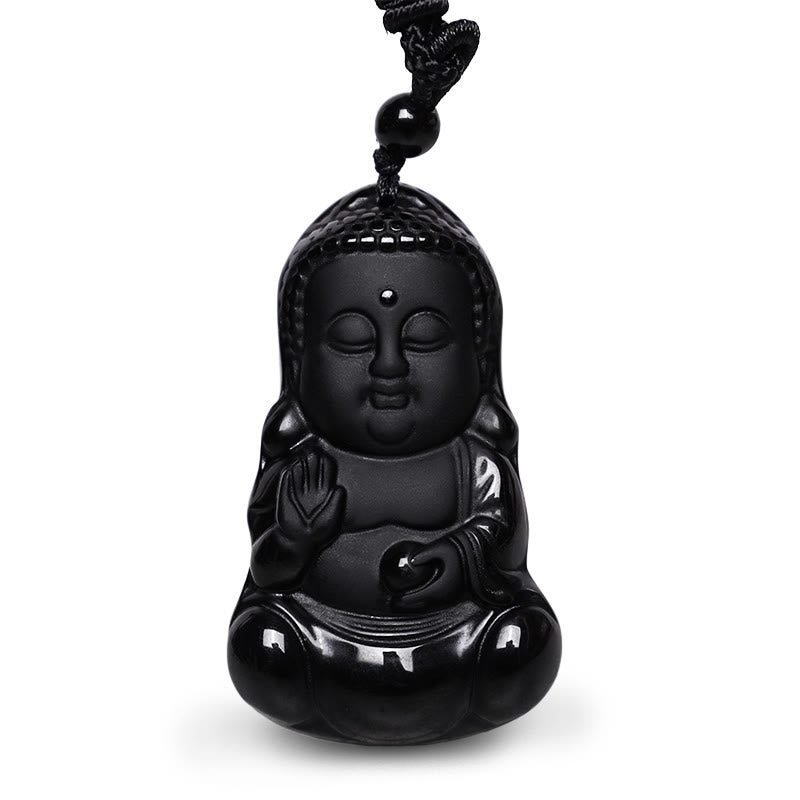 Buddha Stones Natural Black Obsidian Crystal Buddha Strength Protection Amulet Lucky Charm Pendant Necklace