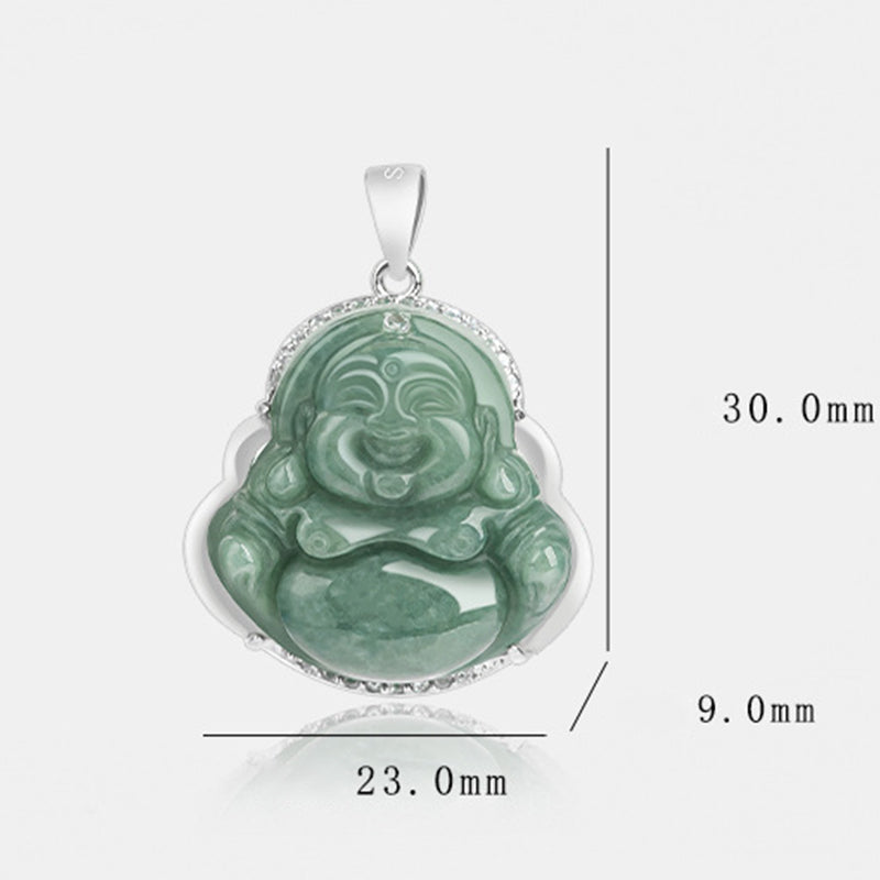 Buddha Stones 925 Sterling Silver Laughing Buddha Jade Abundance Necklace Chain Pendant