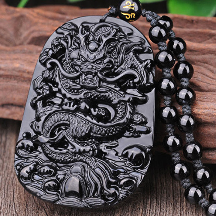 Buddha Stones Black Obsidian Stone Dragon Fulfilment Pendant Necklace