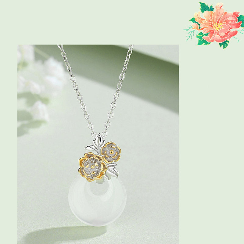 Buddha Stones 925 Sterling Silver Round Chalcedony Twelve Months Flower Harmony Necklace Pendant