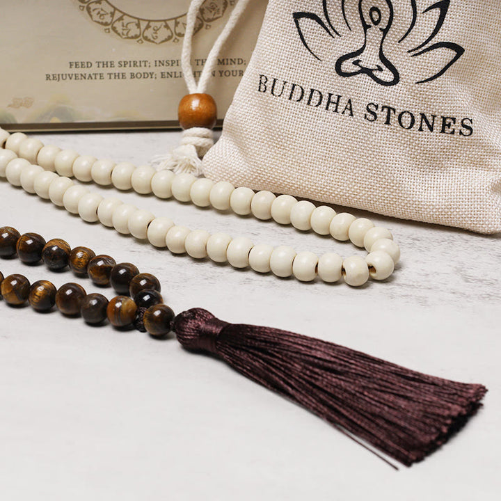 Buddha Stones Semi-Precious Gem Stones Wood Bead Necklace Multicolor Tassel Charms Chain Necklace