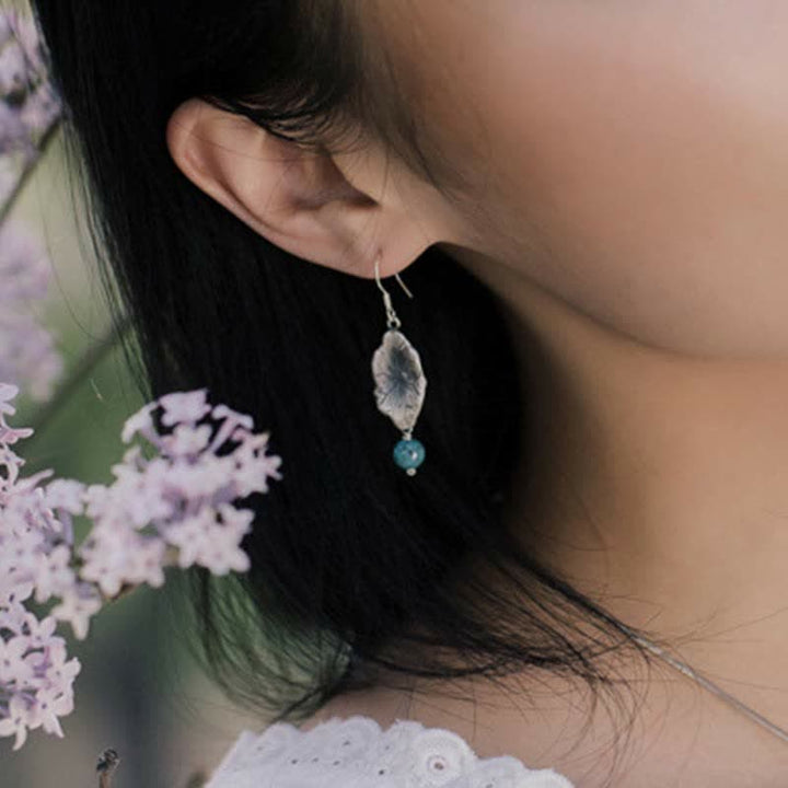 925 Sterling Silver Turquoise Lotus Leaf Protection Drop Dangle Earrings