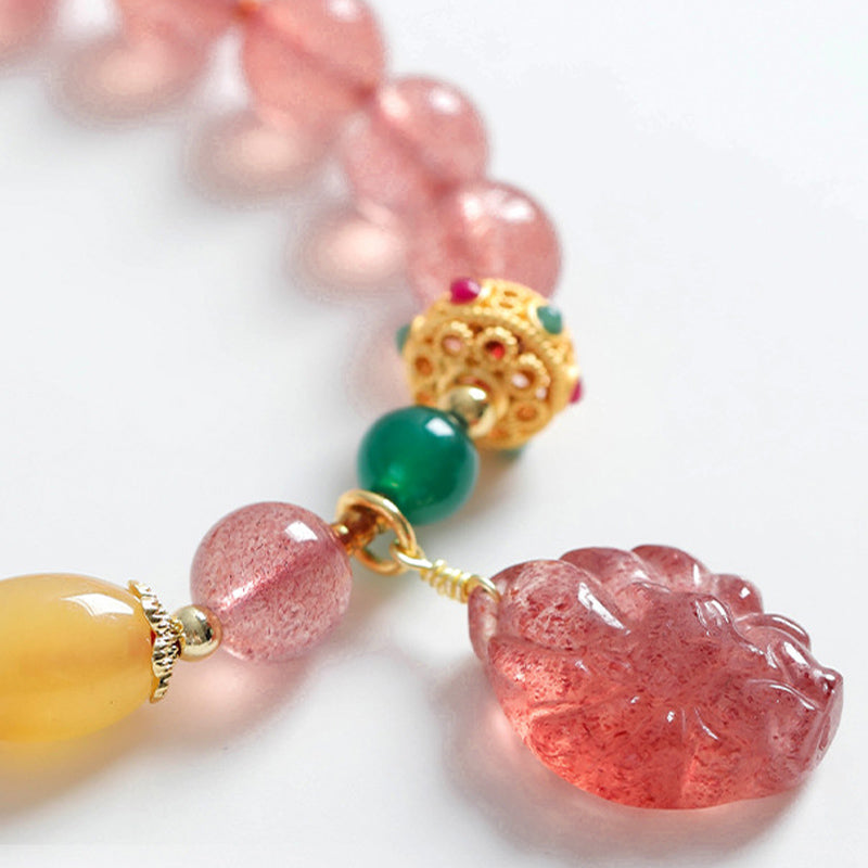 Buddha Stones Natural Strawberry Quartz Nine-Tailed Fox Healing Bracelet