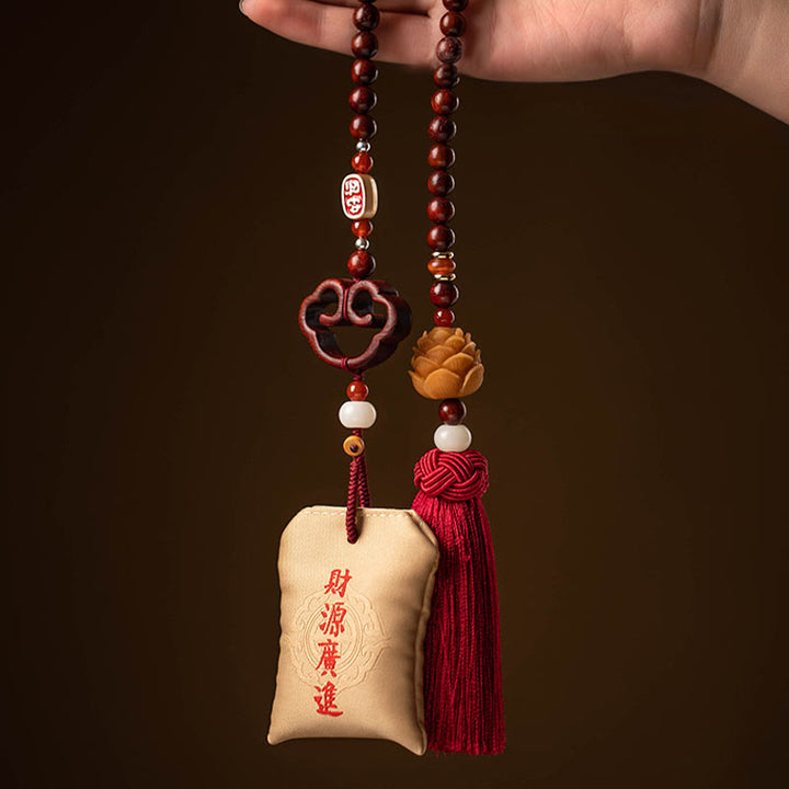 Buddha Stones Tibetan Small Leaf Red Sandalwood Lotus Cinnabar Sachet Protection Tassel Car Hanging Decoration