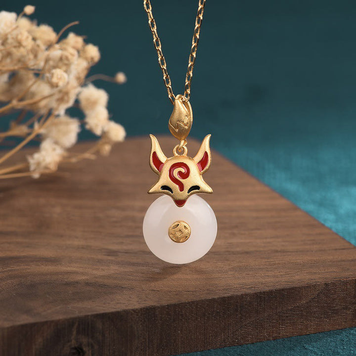 Buddha Stones White Jade Fox Copper Coin Protection Luck Necklace Pendant