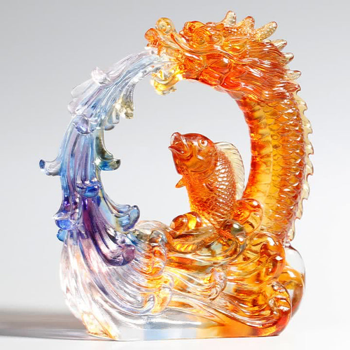 Buddha Stones Feng Shui Dragon Koi Fish Handmade Liuli Crystal Art Piece Home Office Decoration