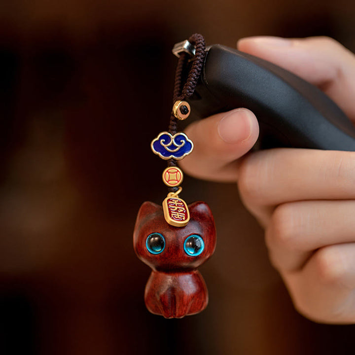 Buddha Stones Small Leaf Red Sandalwood Ebony Wood Lucky Cat Protection Key Chain Phone Hanging Decoration