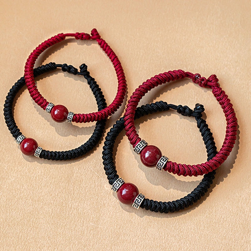 Buddha Stones 925 Sterling Silver Natural Cinnabar Bead Calm Handmade Braided String Bracelet