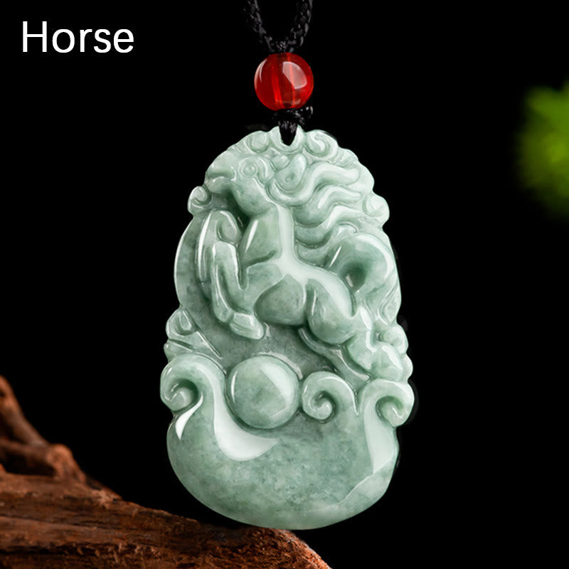 Buddha Stones Natural Green Jade 12 Chinese Zodiac Luck Prosperity Necklace Pendant