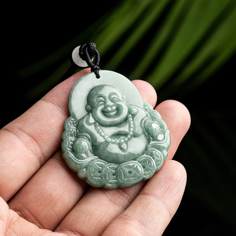 Buddha Stones Laughing Buddha Natural Jade Copper Coin Abundance Necklace Pendant