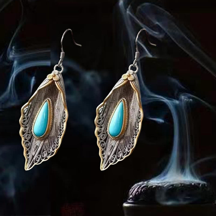 925 Sterling Silver Turquoise Bodhi Leaf Pattern Protection Drop Dangle Earrings