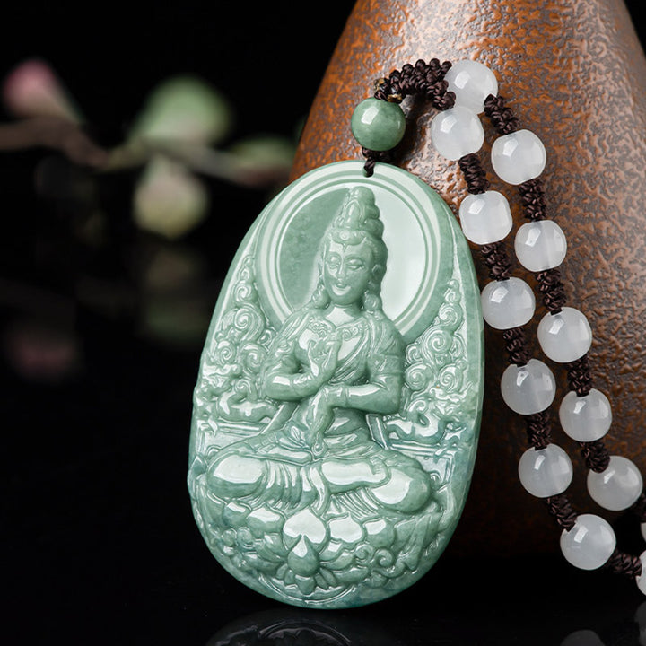 Buddha Stones Natural Jade Avalokitesvara Amulet Wealth Necklace Pendant