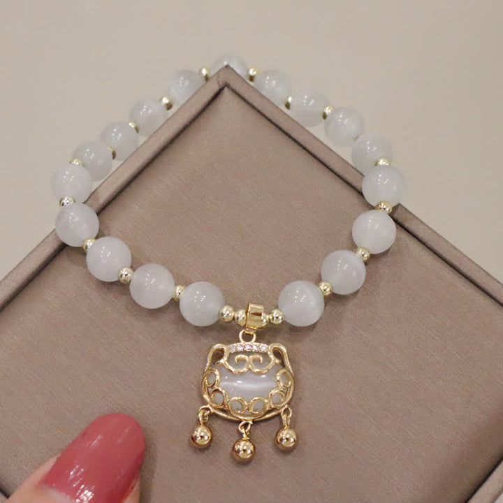 Buddha Stones Cat's Eye Lovely Cat Pattern Pearl Love Charm Bracelet