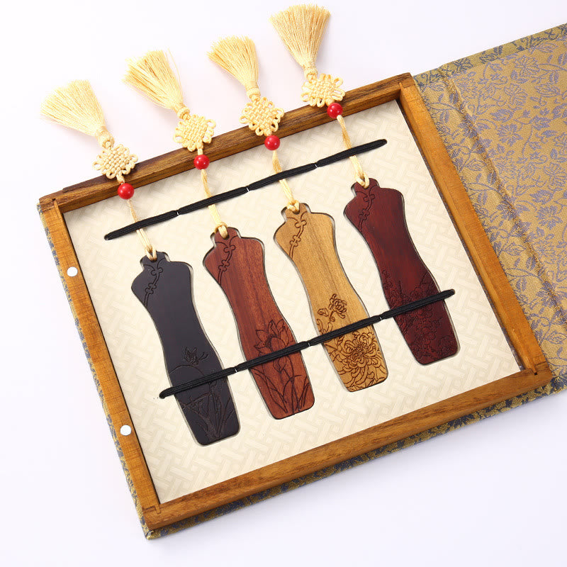 Buddha Stones 4Pcs Four Seasons Plum Orchid Bamboo Chrysanthemum Peking Opera Mask Wood Bookmarks With Gift Box