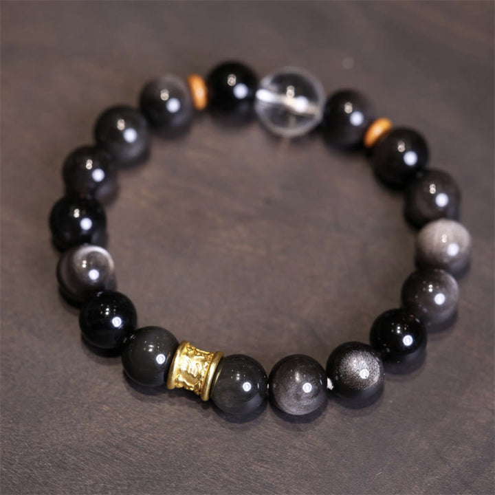 Buddha Stones Natural Silver Sheen Obsidian Crystal Om Mani Padme Hum Bead Protection Bracelet