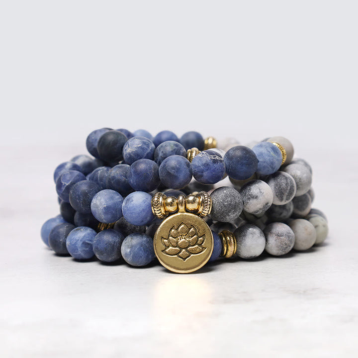 Buddha Stones 108 Natural Stone Mala Bead Lotus Pendant Bracelet