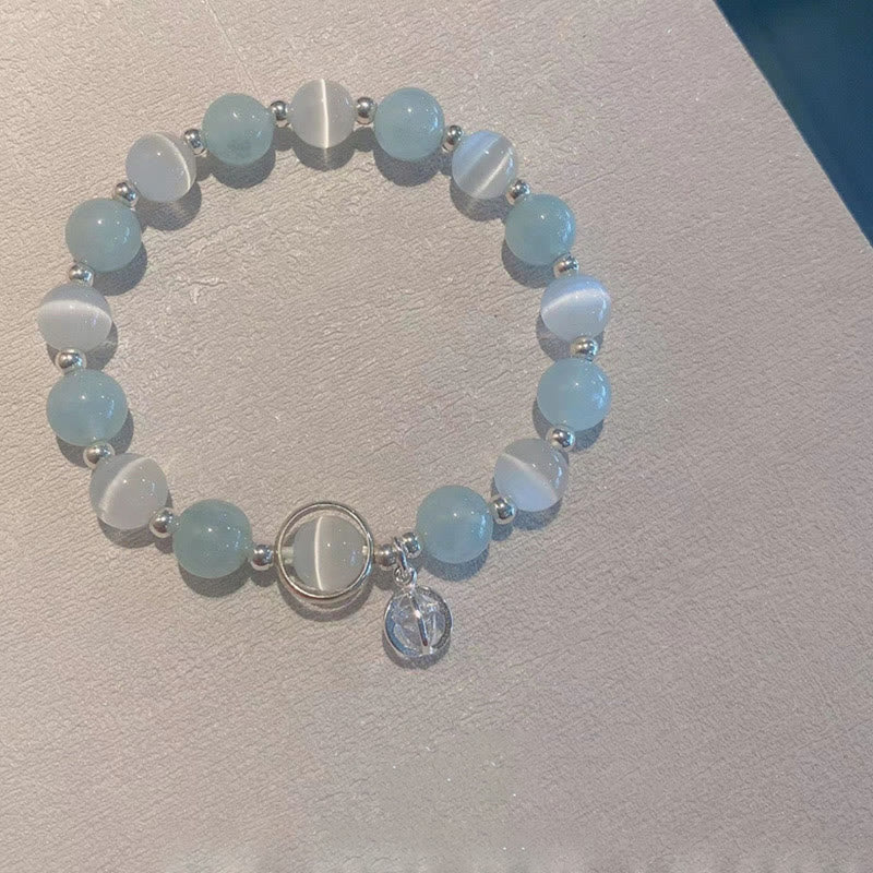 Buddha Stones 925 Sterling Silver Cat's Eye Aquamarine Support Charm Bracelet