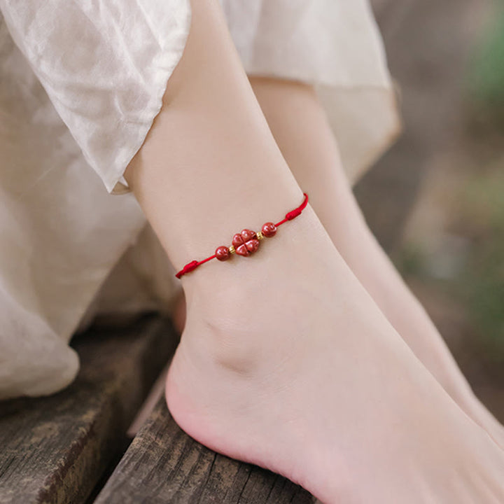 Buddha Stones Four Leaf Clover Cinnabar Blessing Calm String Bracelet Anklet