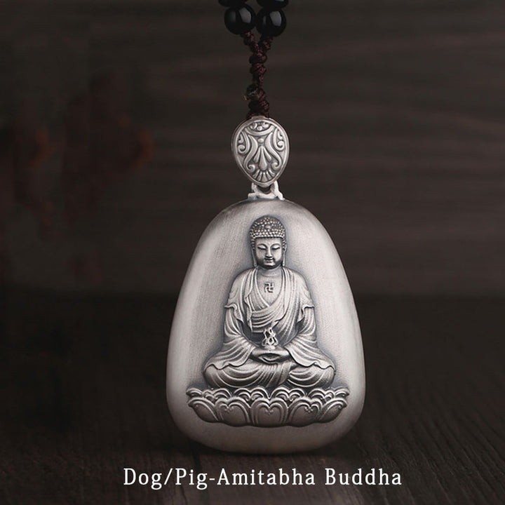 Buddha Stones 999 Sterling Silver Chinese Zodiac Natal Buddha Heart Sutra Engraved Protection Necklace Pendant