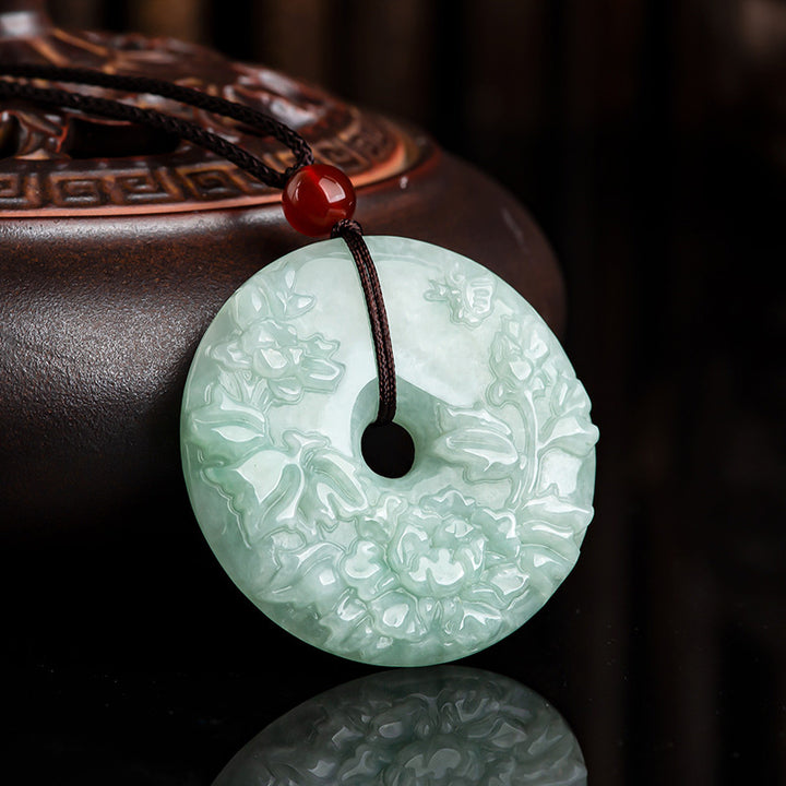 Round Jade Peace Buckle Peony Flower Abundance Necklace Pendant