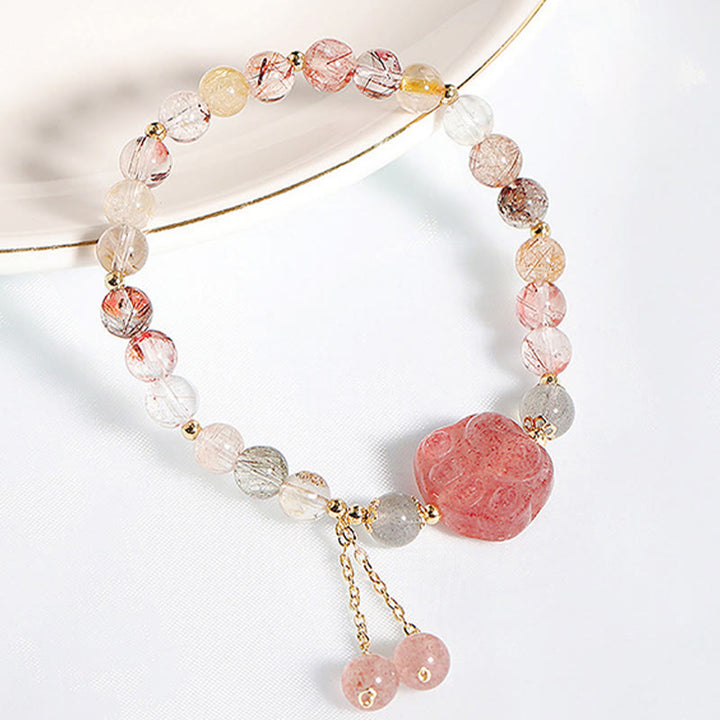 Buddha Stones Natural Strawberry Quartz Cat Paw Claw Colorful Rutilated Quartz Moonstone Love Bracelet