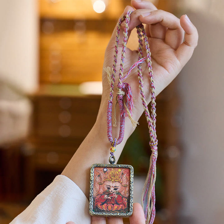 Buddha Stones Tibetan Hand-Painted Thangka Nine-Tailed Fox Luck Necklace Pendant