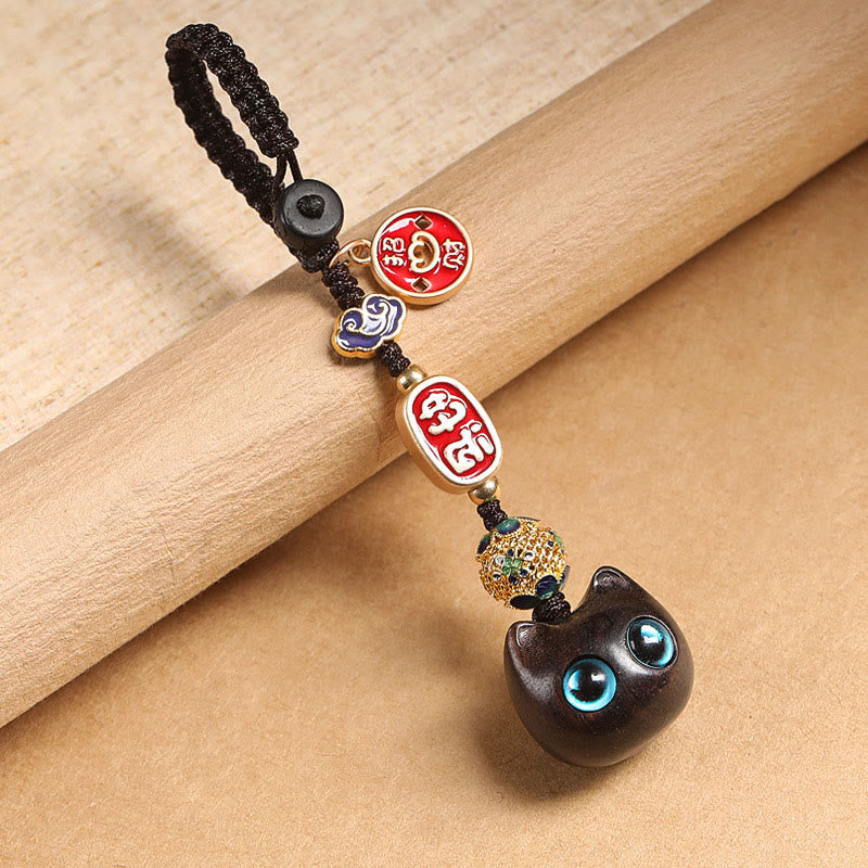 Buddha Stones Ebony Wood Lucky Cat Auspicious Cloud Peace Key Chain Phone Hanging Decoration