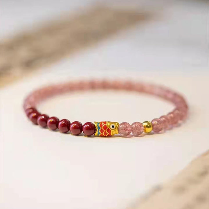 Buddha Stones Natural Strawberry Quartz Cinnabar Lucky Koi Fish Healing Bracelet