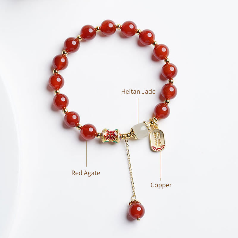 Buddha Stones Natural Red Agate Hetian Jade Fu Character Confidence Charm Bracelet