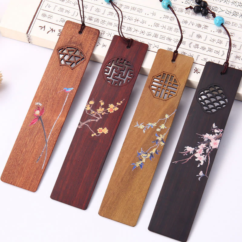 Buddha Stones 4Pcs Four Seasons Plum Orchid Bamboo Chrysanthemum Peking Opera Mask Wood Bookmarks With Gift Box