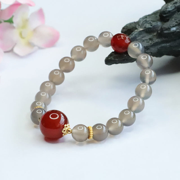 Buddha Stones Natural Gray Chalcedony Red Agate Harmony Bracelet