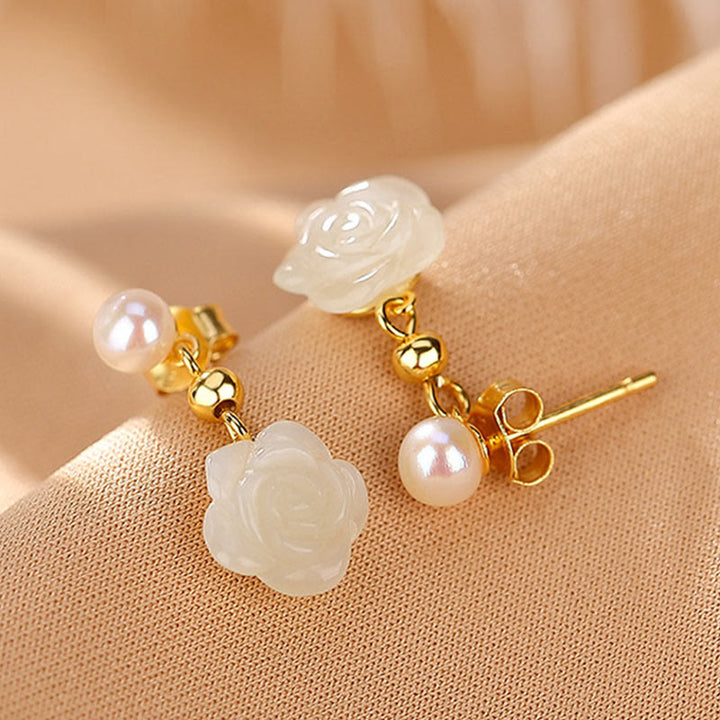 Buddha Stones 925 Sterling Silver Plated Gold Jade Rose Flower Cyan Jade Pearl Luck Earrings