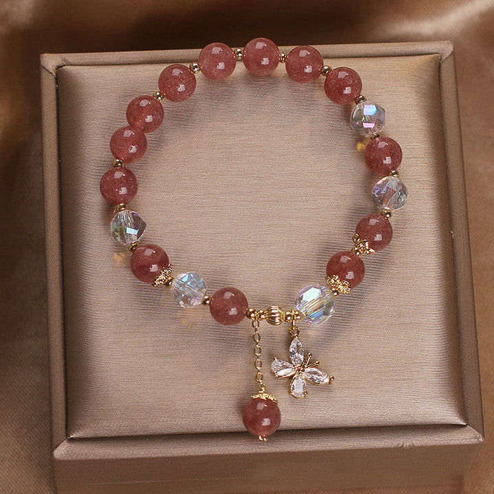 Buddha Stones Natural Strawberry Quartz Love Healing Butterfly Charm Bracelet