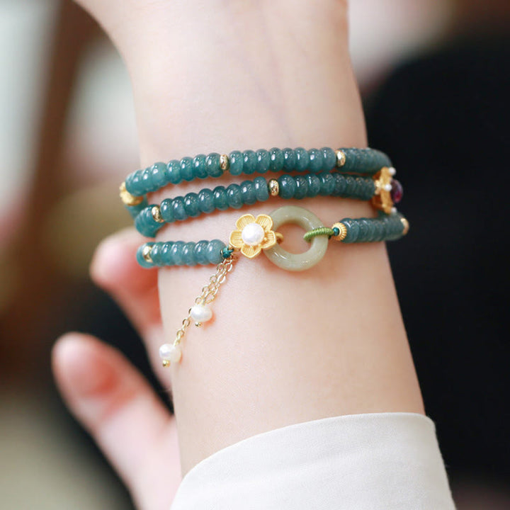 Buddha Stones 925 Sterling Silver Gold Plated Cyan Jade Flower Peace Buckle Success Triple Wrap Bracelet