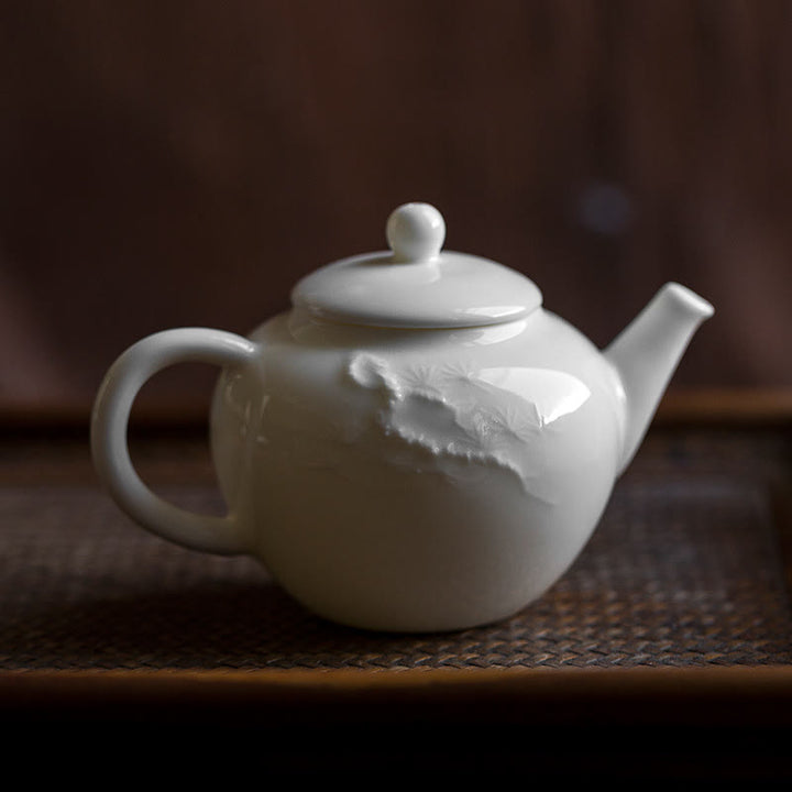 White Plum Pine Bamboo Engraved Design Ceramic Teapot