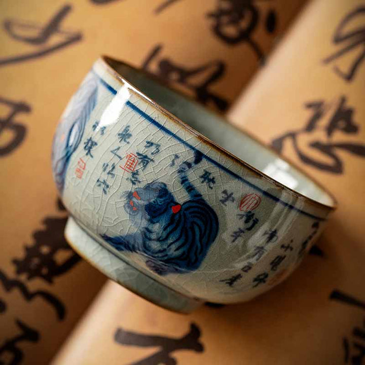 Buddha Stones Jingdezhen Hand Painted Cute Tiger Ceramic Teacup Kung Fu Tea Cup Bowl 140ml