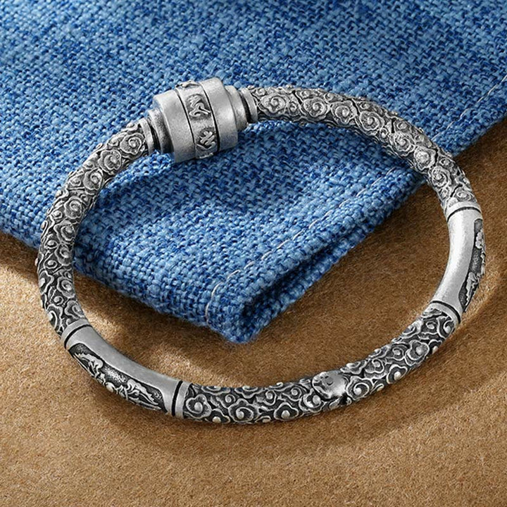 Buddha Stones 990 Sterling Silver Tibetan Auspicious Clouds Om Mani Padme Hum Engraved Creativity Bracelet Bangle