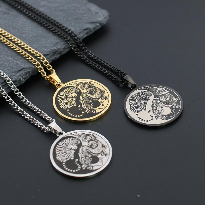 Buddha Stones Tiger Dragon Titanium Steel Chain Necklace Harmony Pendant