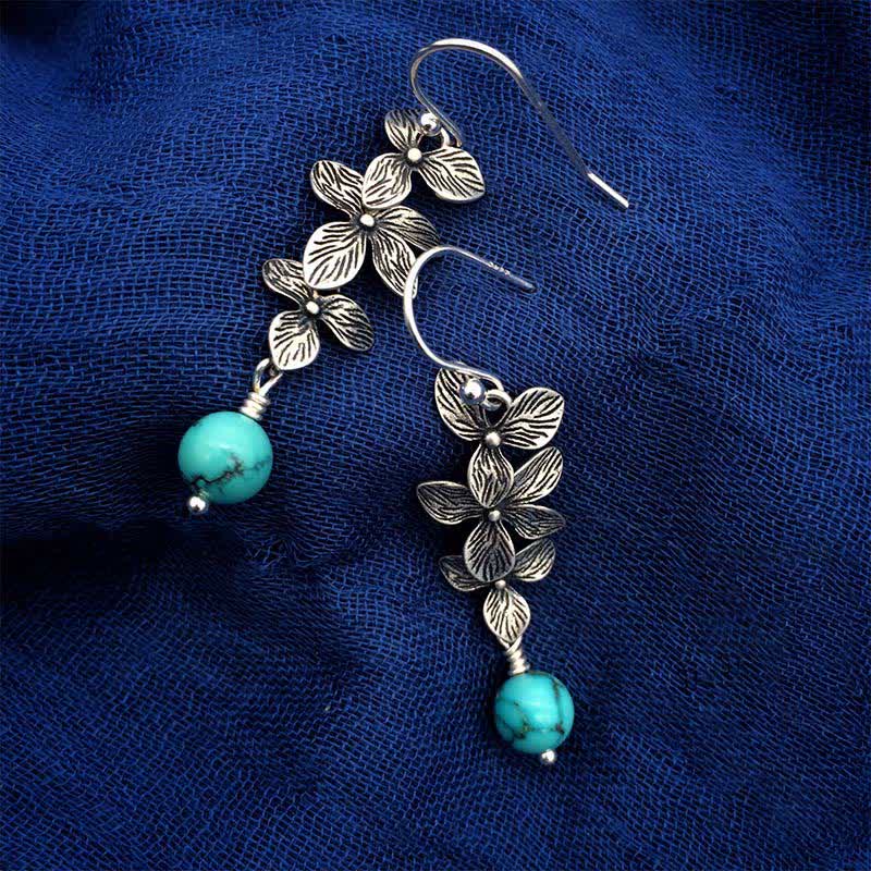 925 Sterling Silver Turquoise Lazurite Flower Leaf Serenity Protection Hook Drop Dangle Earrings