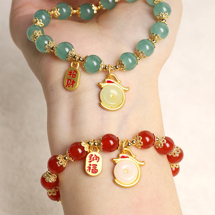 Buddha Stones Year of the Dragon Red Agate Green Aventurine Peace Buckle Fu Character Lucky Fortune Bracelet