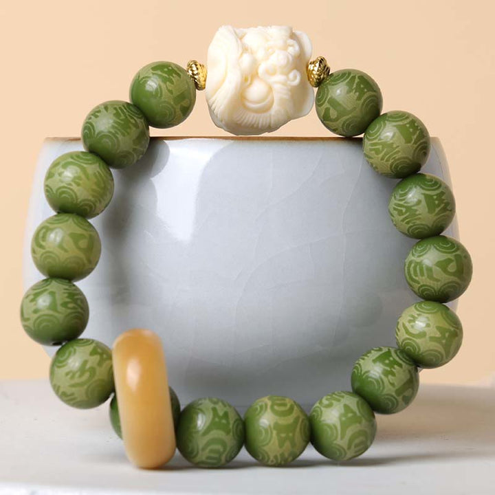 Buddha Stones Green Bodhi Seed Ivory Fruit Dancing Lion Om Mani Padme Hum Engraved Peace Bracelet