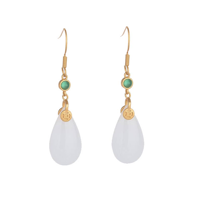 Buddha Stones FengShui White Jade Luck Drop Earrings