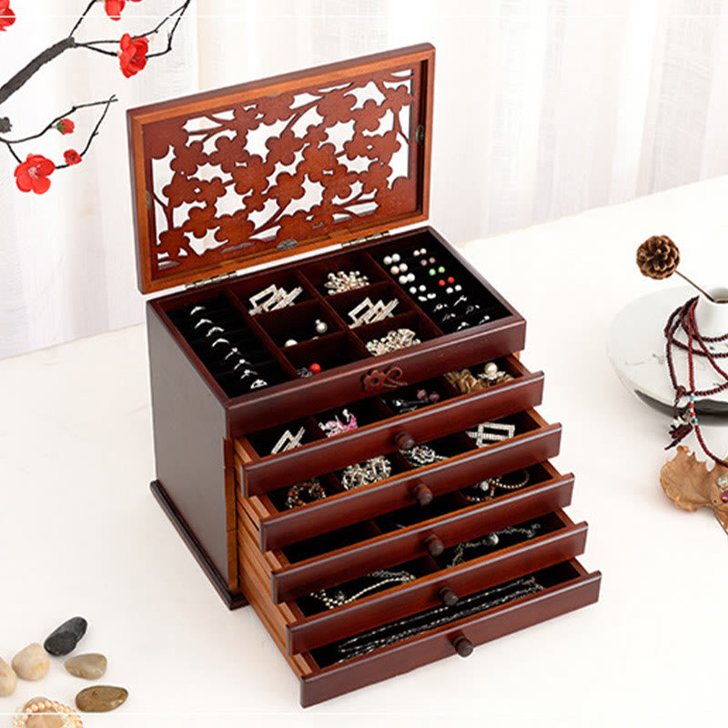 Buddha Stones Vintage Plum Blossom Carved Wooden Jewelry Box Six-Layer Jewelry Storage Box