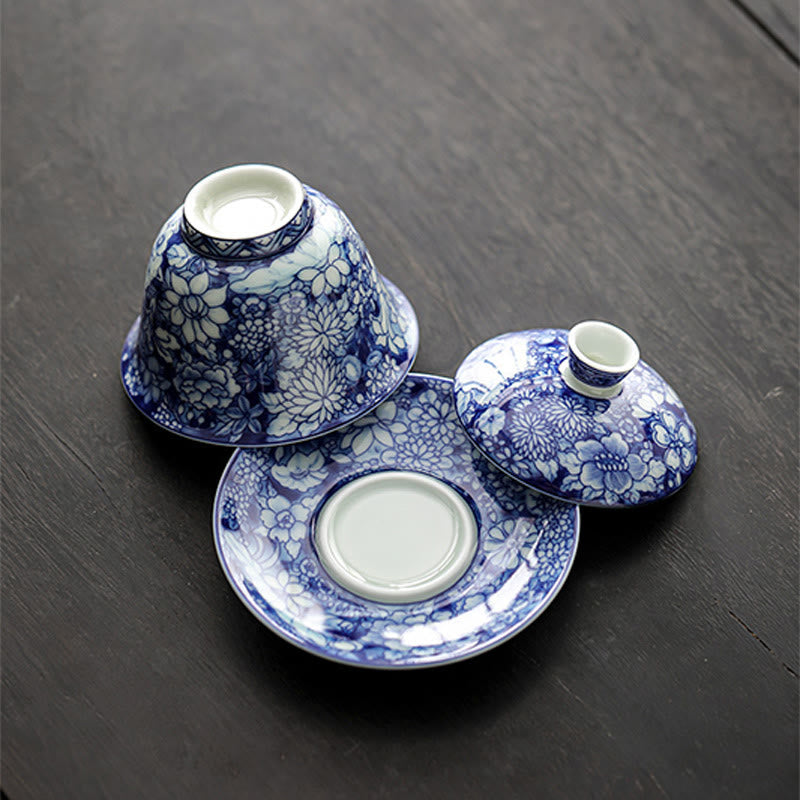 Buddha Stones Vintage Blue And White Porcelain Ceramic Gaiwan Sancai Teacup Kung Fu Tea Cup And Saucer With Lid