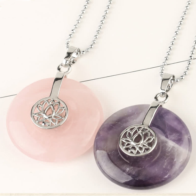 Buddha Stones Various Crystal Amethyst Pink Crystal Lotus Healing Necklace Pendant